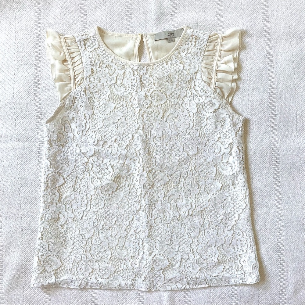 LOFT ivory lace blouse with ruffle sleeves